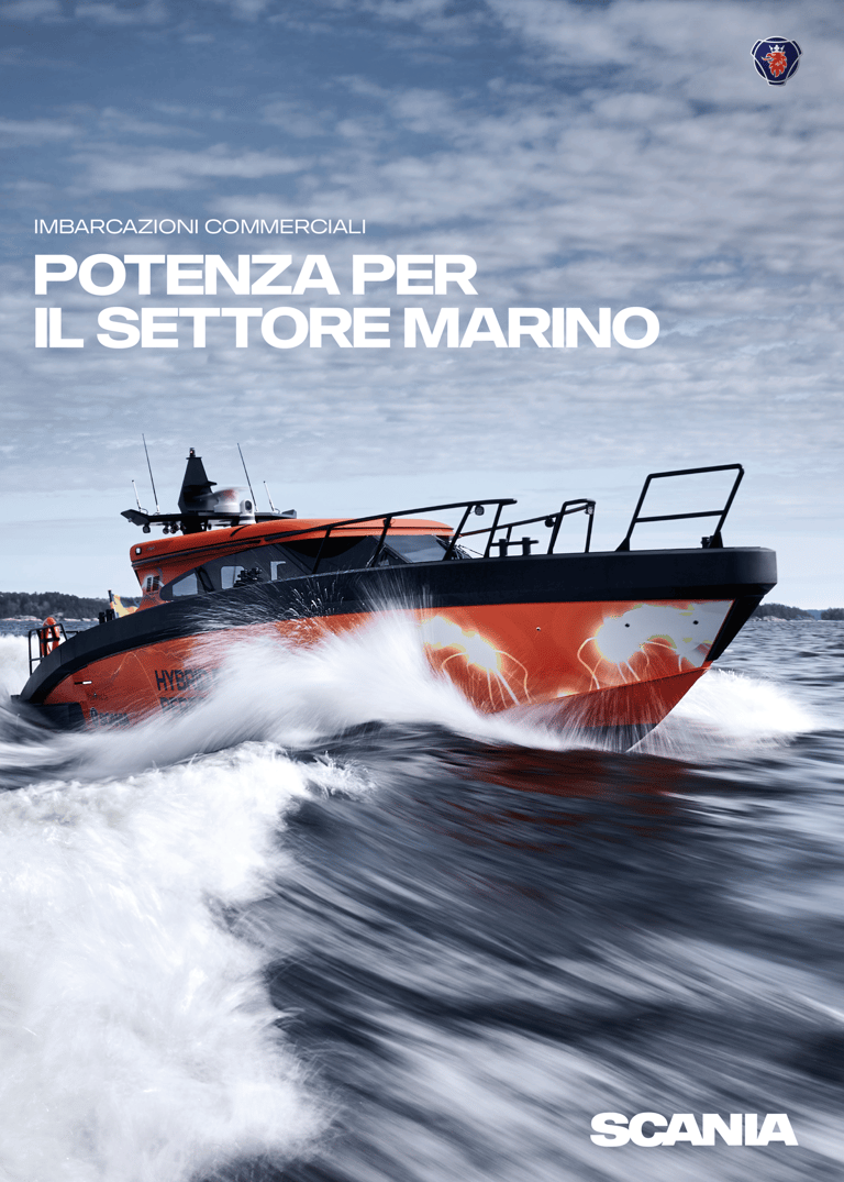 Copertina catalogo Scania per imbarcazioni commerciali, intitolato "Potenza per il settore marino"