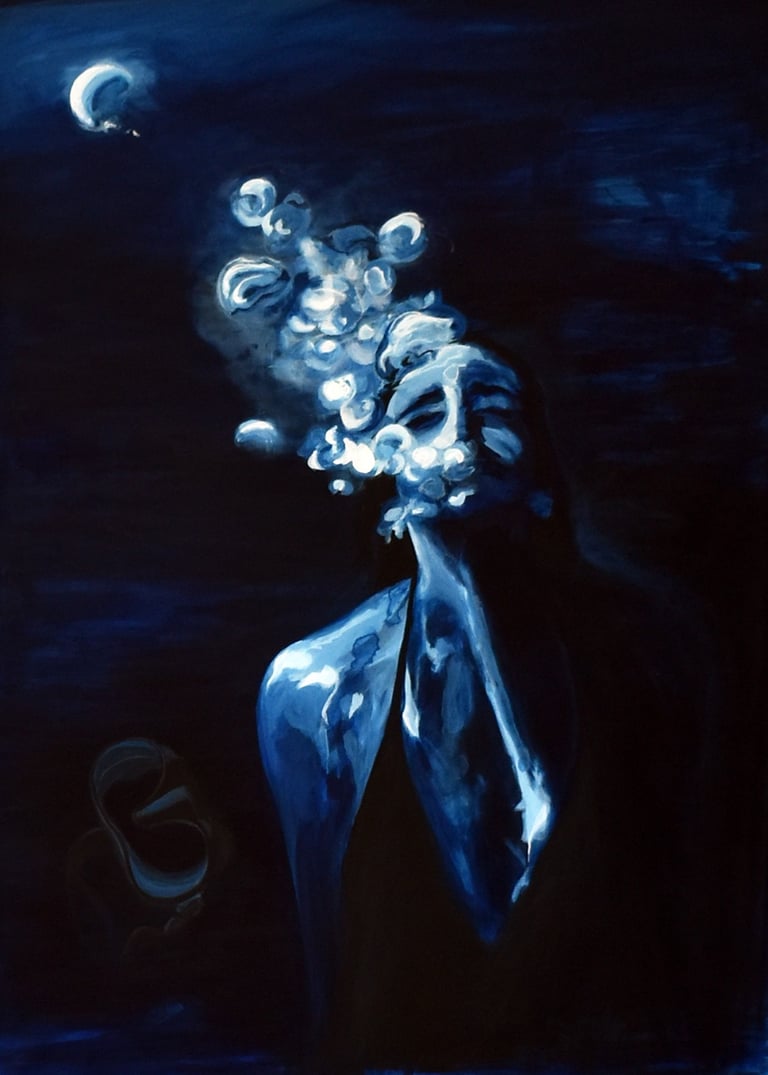 Abstract blue oil painting of a person underwater with air bubbles rising to the surface.