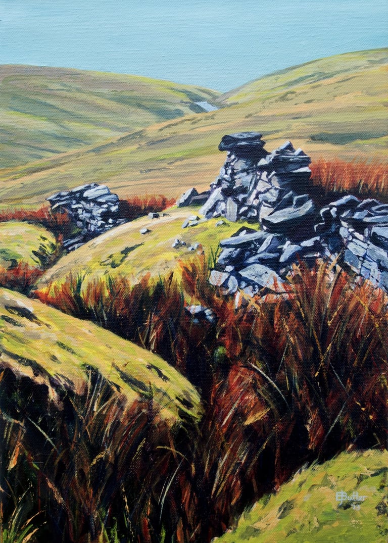 a painting of a broken wall on rugged and barren hills.