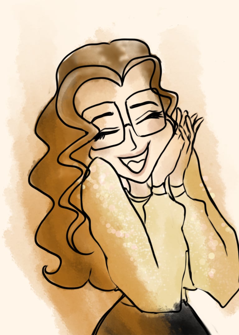 une illustration d'une femme cheveux long, grand lunette carré, souriante, teinte marron beige
