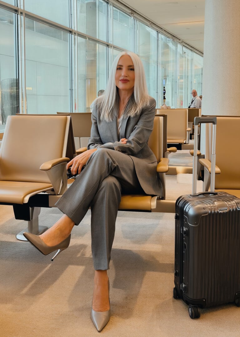 Private Jet Planner in aeroporto con tailleur grigio e stiletto,