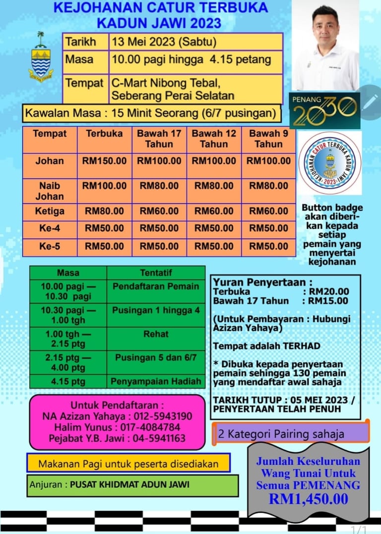 Kejohanan Catur Terbuka Kadun Jawi 2023. Penang Chess. Malaysia Chess. Catur Malaysia