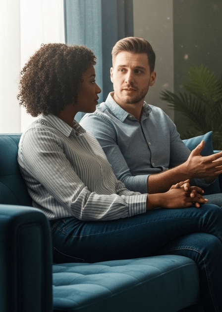 a man and woman sitting on a couch in a living room