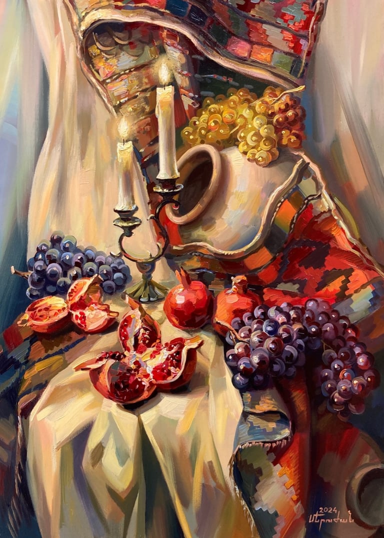 Traditional Armenian still life painting by Meruzhan Khachatryan featuring cultural objects and inst