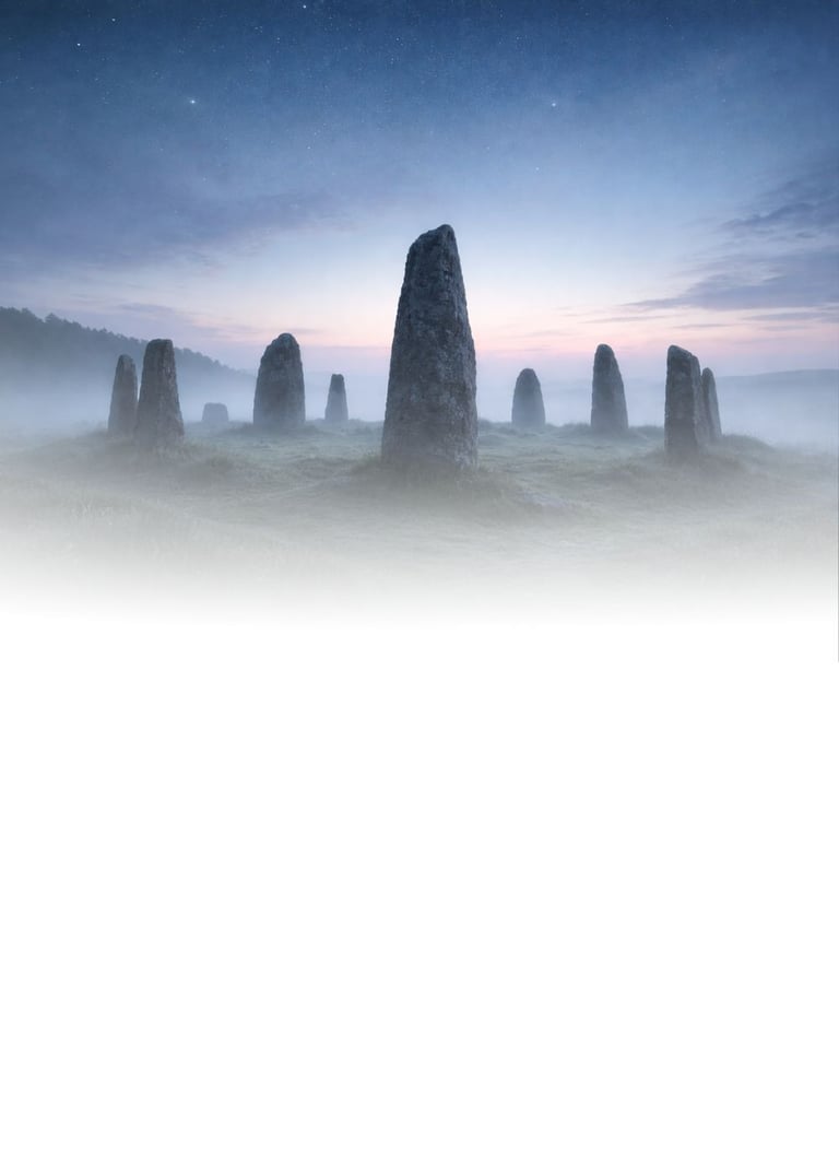 A circle of ancient standing stones rising from mist at first light, symbolising the turning year, c
