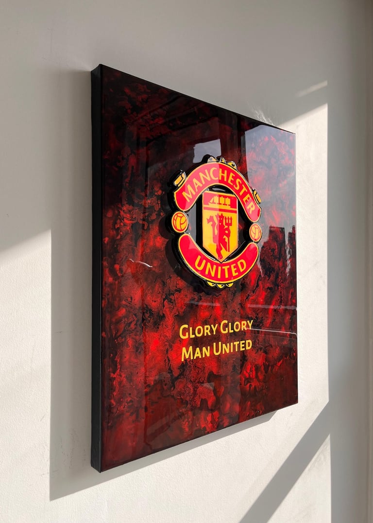 a picture of a framed picture of a manchester united football club logo