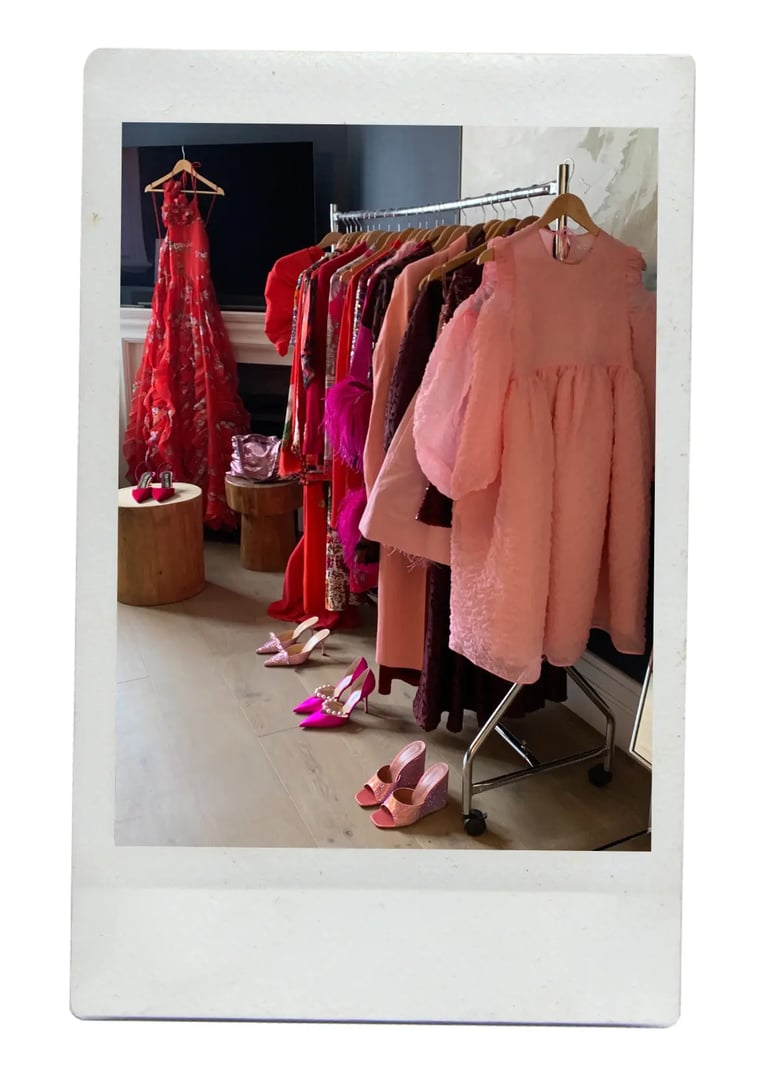 dhm.style styling concierge with luxury red and pink designer dresses and heels.