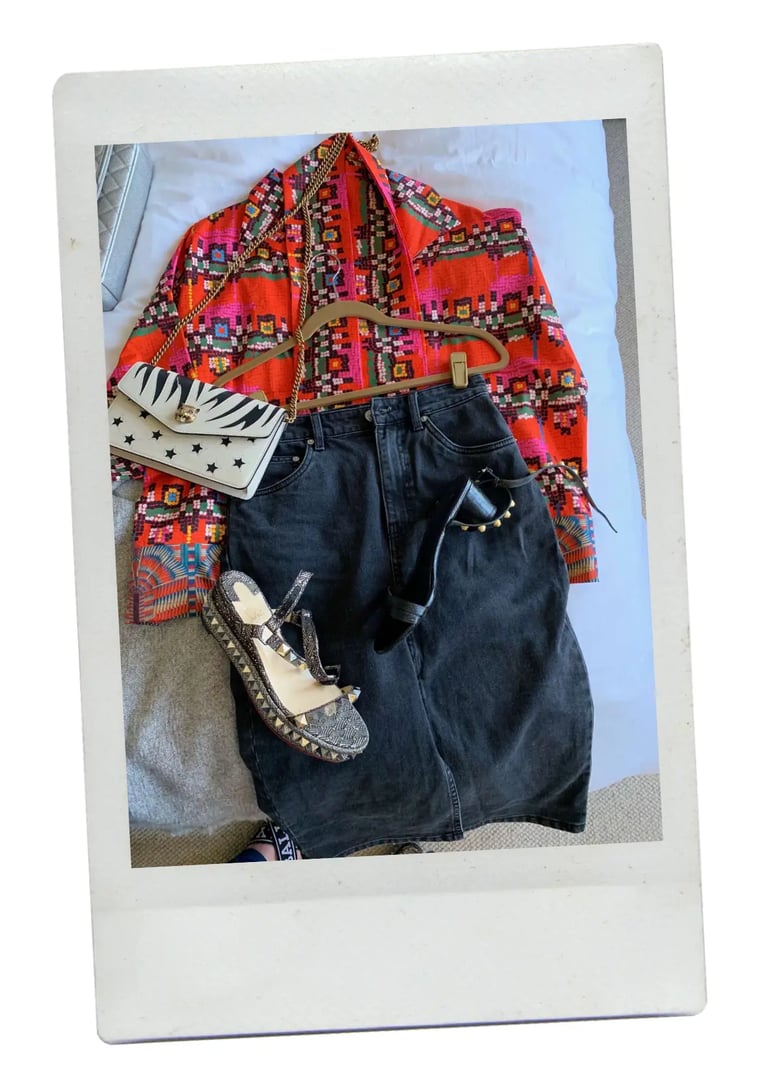 dhm.style wardrobe refresh with bold patterned jacket, Chloe denim skirt, Gucci handbag, and Christian Louboutin sandals.