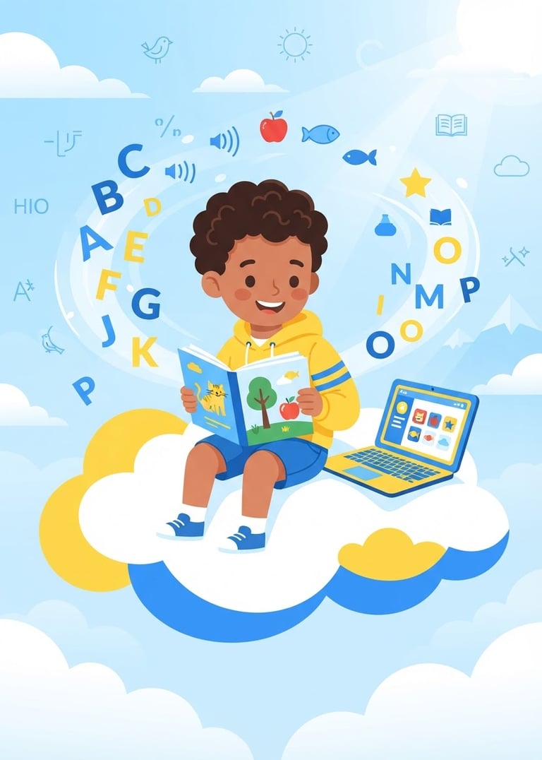 Bright vector illustration of a happy child with light brown skin and dark hair reading a book, surrounded by floating alphabets and phonics elements, clean and modern educational aesthetic, primary blue and sunny yellow accents, high-key daylight, sitting on a stylized cloud with a laptop.
