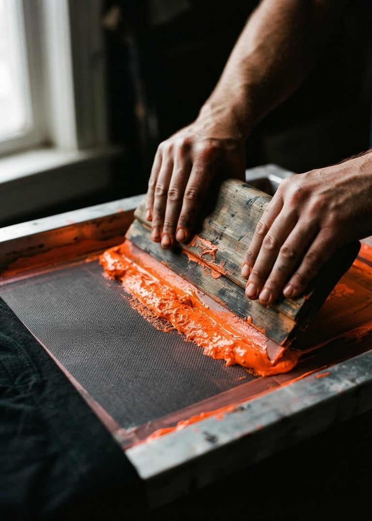 Close-up of hands holding a wooden squeegee, pushing vibrant neon orange ink through a screen mesh, gritty analog photography, natural side window light, high contrast ink textures, dark charcoal tones, 35mm