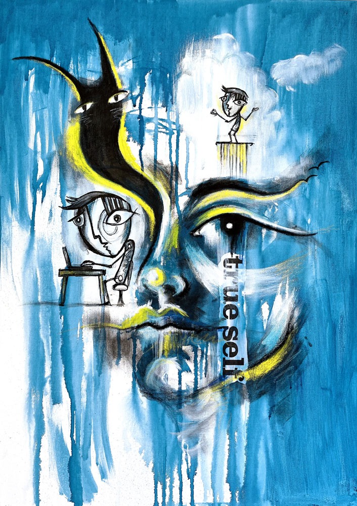 True Self a blue painting with a doubt creature part of the Doubt Painting Series by Tara Roskell