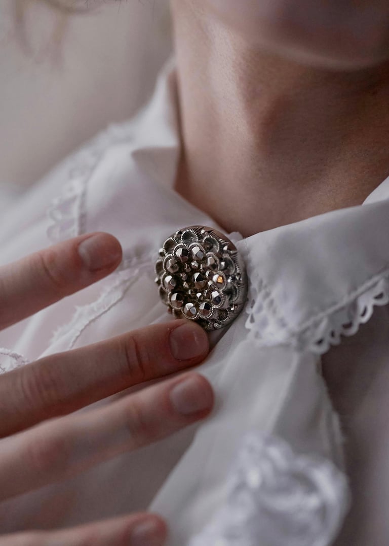 Klasikinio dizaino sidabrinė segė su žėrinčiomis akutėmis. Puošnus akcentas marškiniams, švarkams ar kitiems drabužiams.