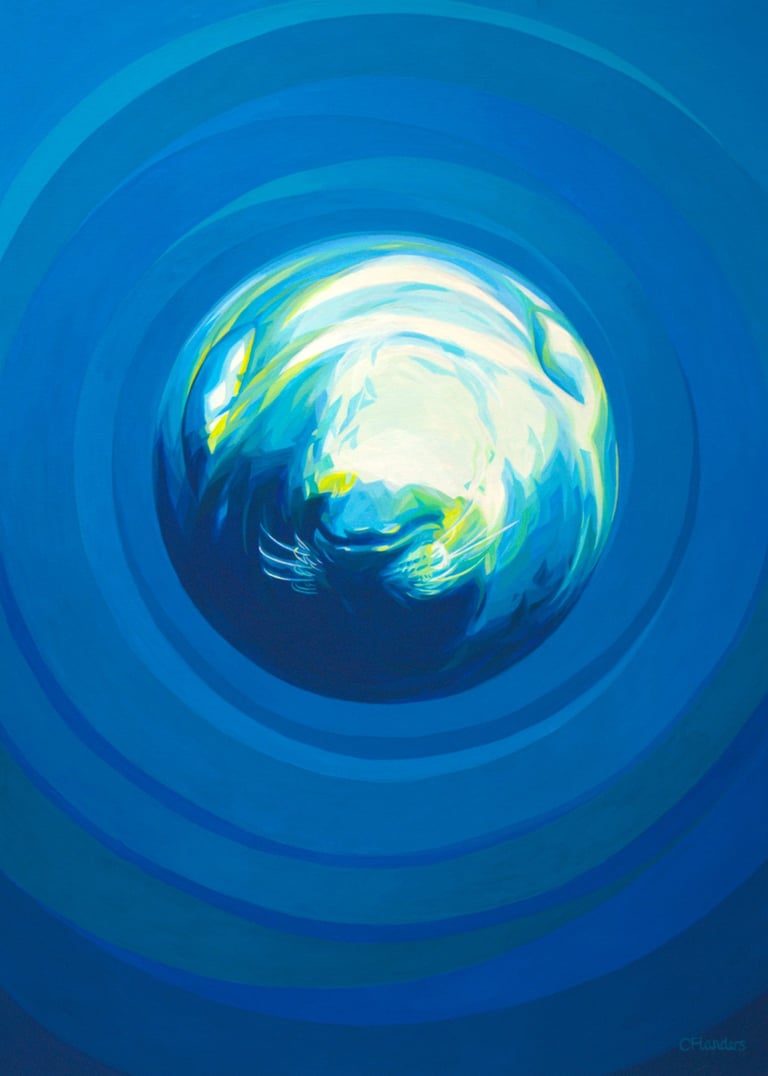 a painting of a very round seal in a blue sea 