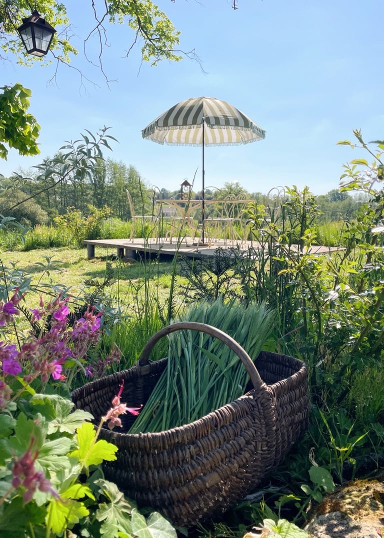 garden with basket, countryside, normandy, French cottage, umbrella