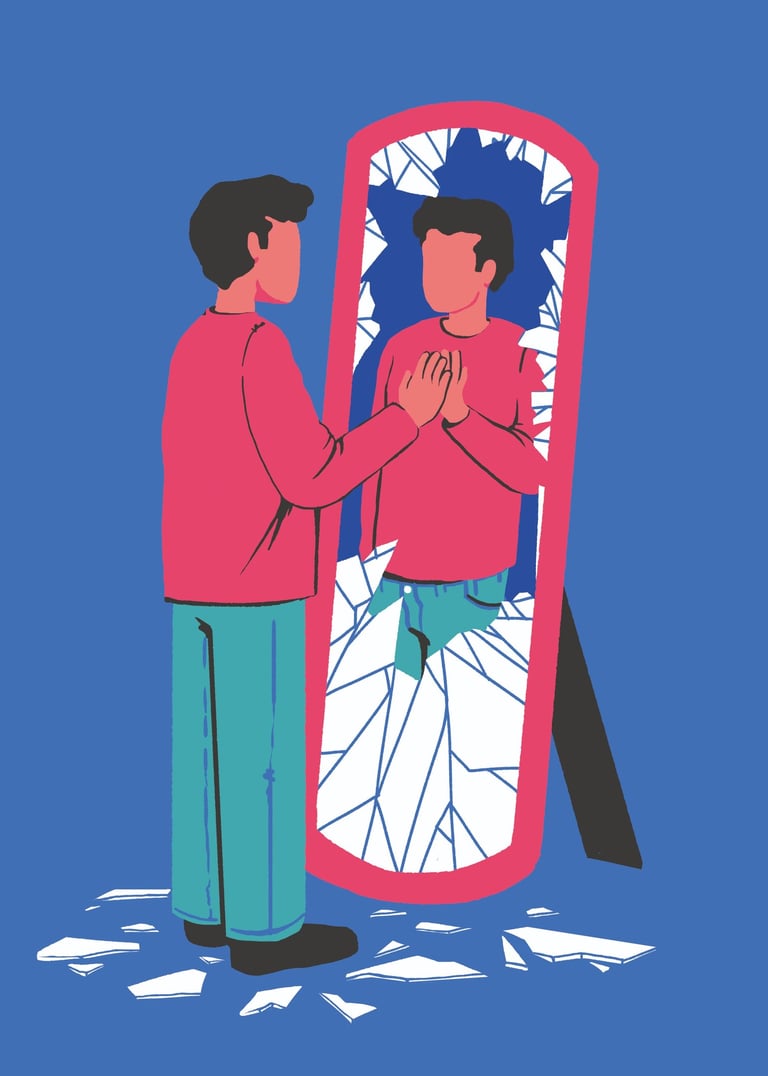 a man standing in front of a broken mirror