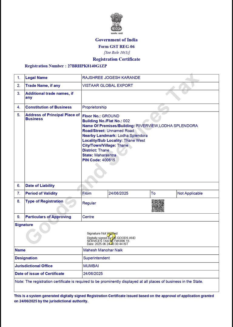 Goods and Services Tax (GST) certificate showing the official registration number for tax compliance