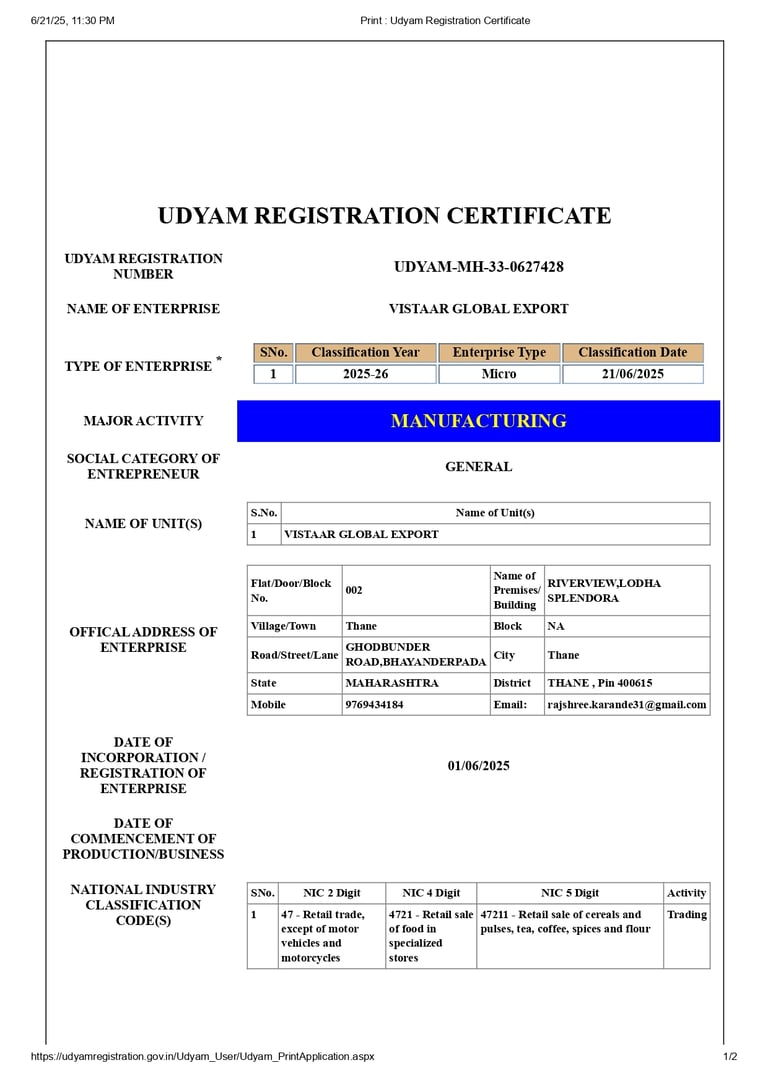 Udyam registration certificate for Micro, Small and Medium Enterprises (MSME)