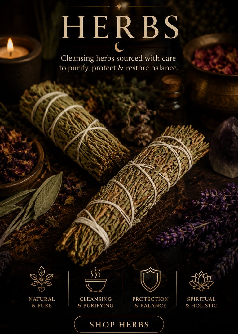 Dried herb smudge sticks for spiritual cleansing and purifying energy, surrounded by lavender and sage.