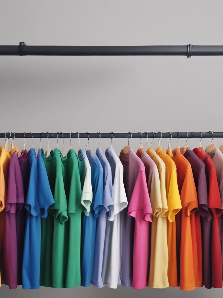 A vibrant collection of youth t-shirts and gym garments displayed on a colorful backdrop.