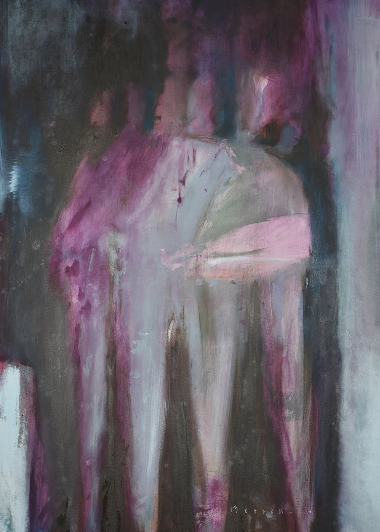 Abstract expressionist oil painting with vertical strokes in purple, pink, and dark grey hues.