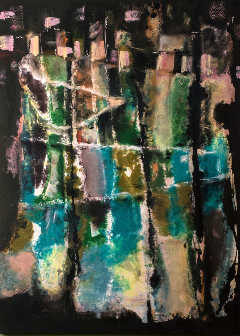Abstract expressionist painting with teal, green, and pink brushstrokes on a dark background.