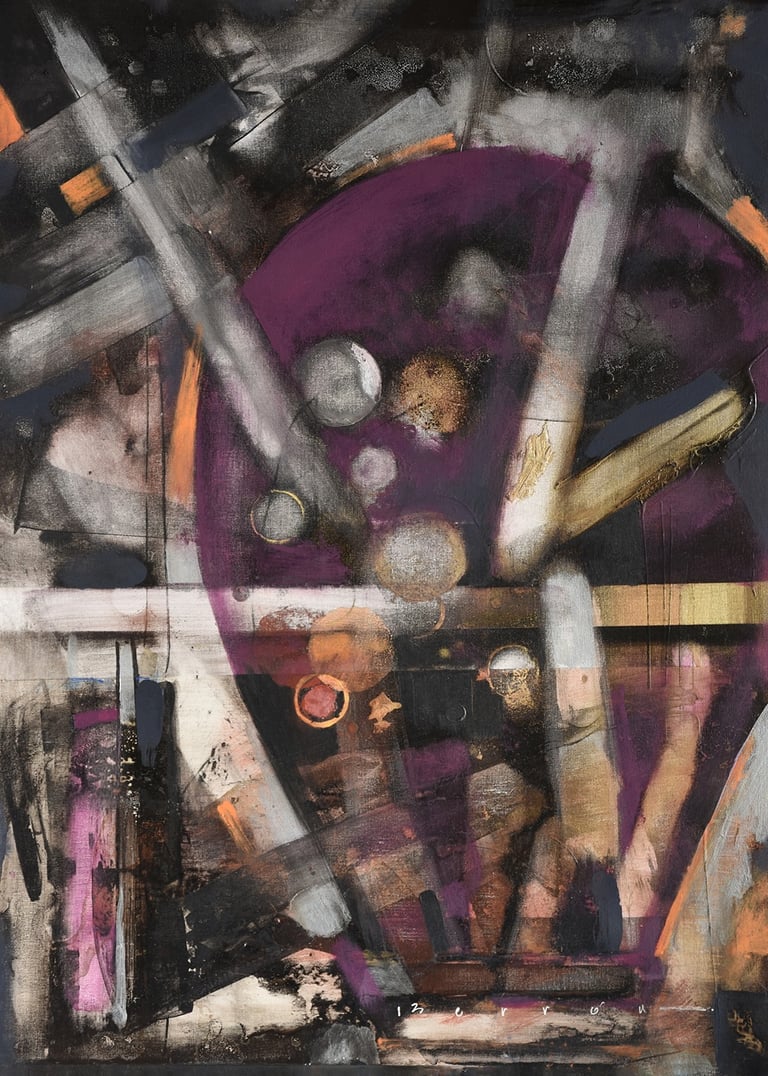 Modern abstract expressionist painting featuring purple circles and geometric brushstrokes in black, gold, and grey.
