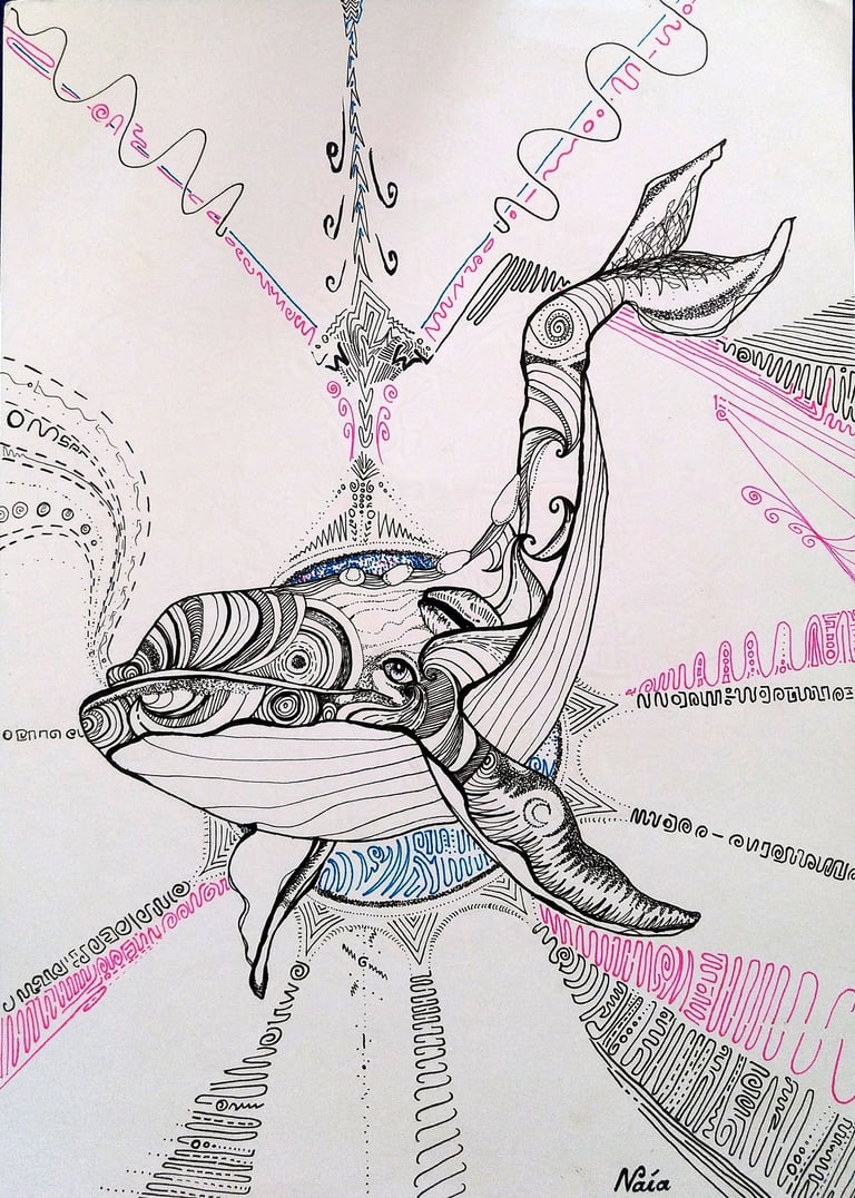dessin de baleine aux motifs psychédéliques au feutre fin 