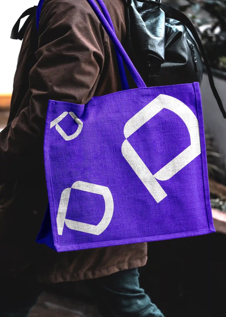 Persona con una totebag morada corporativa