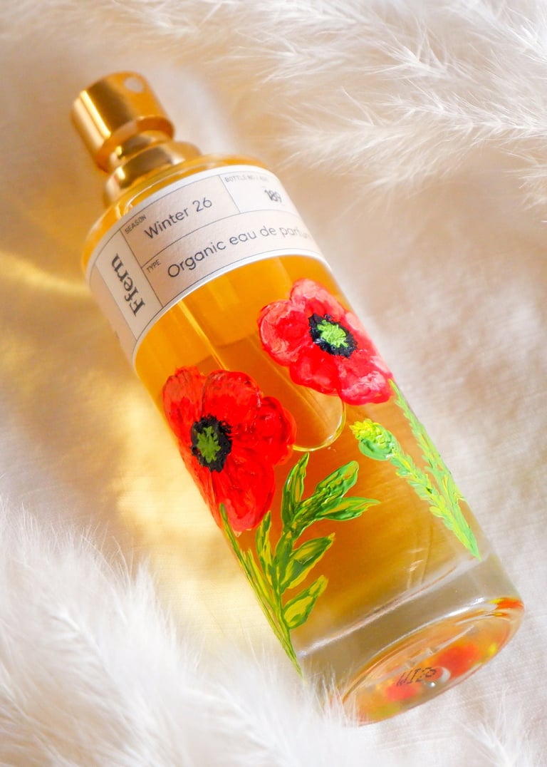 Hand painted perfume bottle with red poppies by NYC live event artist Handwritten by Belle.