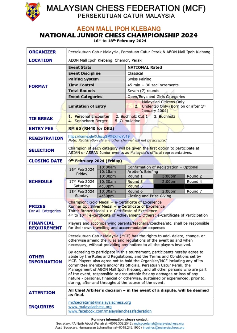 Malaysia Chess. Catur Malaysia. Malaysian Chess Federation. National Junior Chess Championship 2024