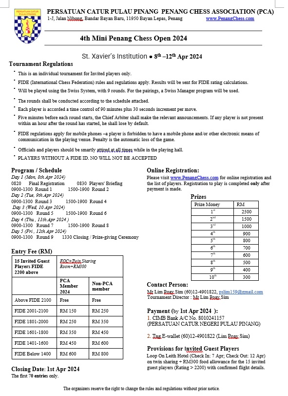 4th Mini Penang Chess Open 2024. Malaysia Chess. Catur Malaysia