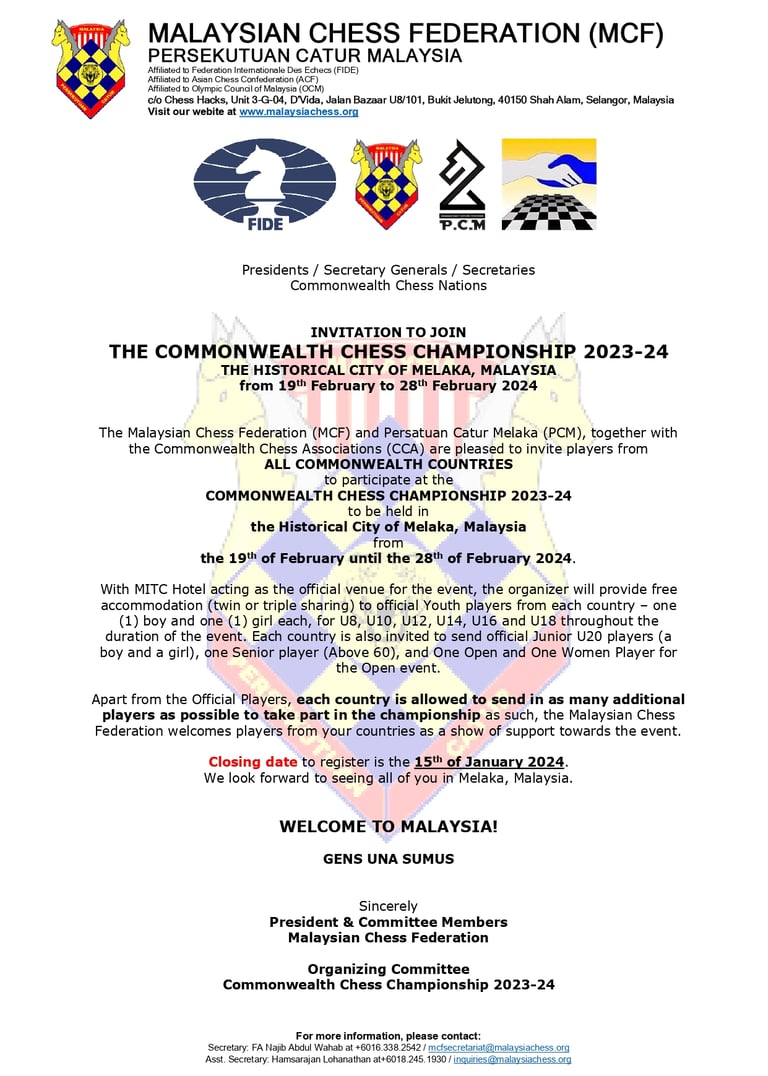 Malaysia Chess. Catur Malaysia. Malaysian Chess Federation. Commonwealth Chess Championship 2023-24