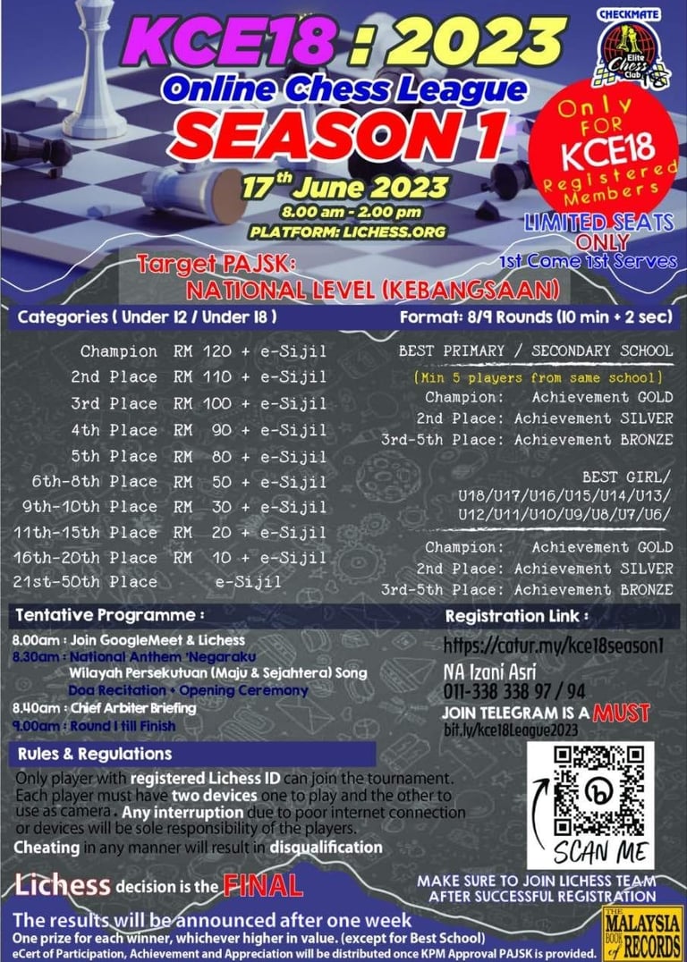 KCE18 2023 Online Chess League Season 1. Kelab Catur Elite 18 Malaysia Chess Tournament. 