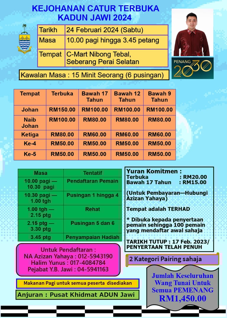 Malaysia Chess. Catur Malaysia. Penang Chess. Kejohanan Catur Terbuka Kadun Jawi 2024