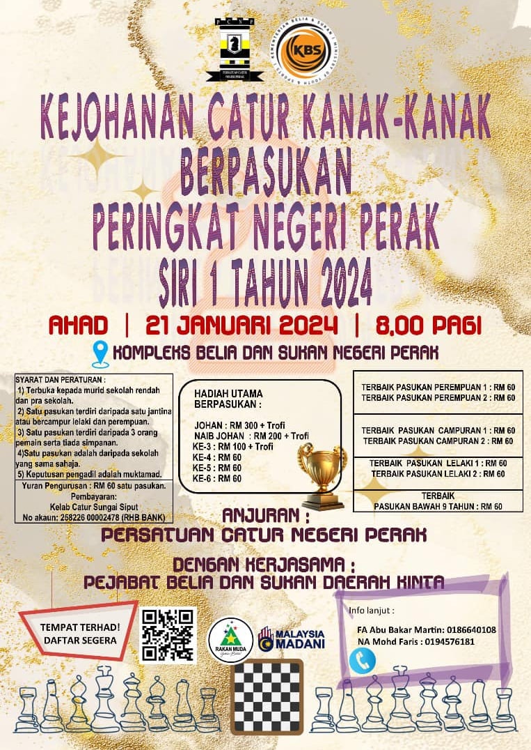 Malaysia Chess. Kejohanan Catur Kanak-Kanak Berpasukan Peringkat Negeri Perak Siri 1 Tahun 2024 