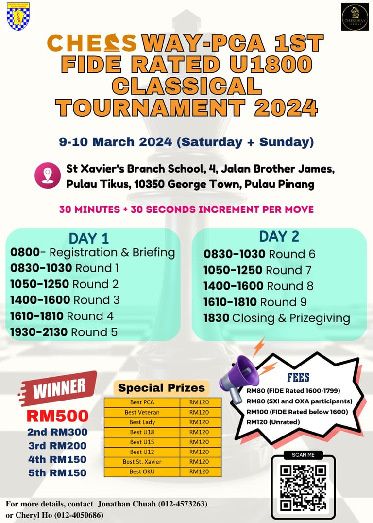 Chessway-PCA 1st FIDE Rated U1800 Classical Tournament 2024. Penang Chess. Malaysia Chess. 