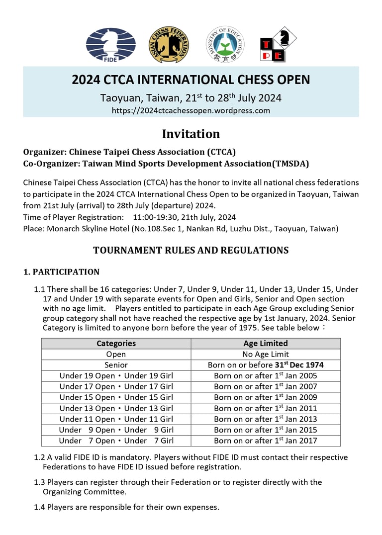 2024 CTCA International Chess Open. Taiwan Chess.  西洋棋