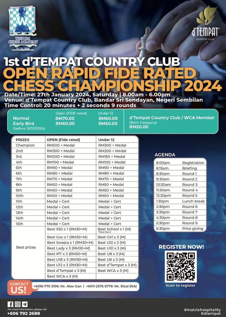 Malaysia Chess. Catur. 1st d'Tempat Country Club Open Rapid Fide Rated Chess Championship 2024
