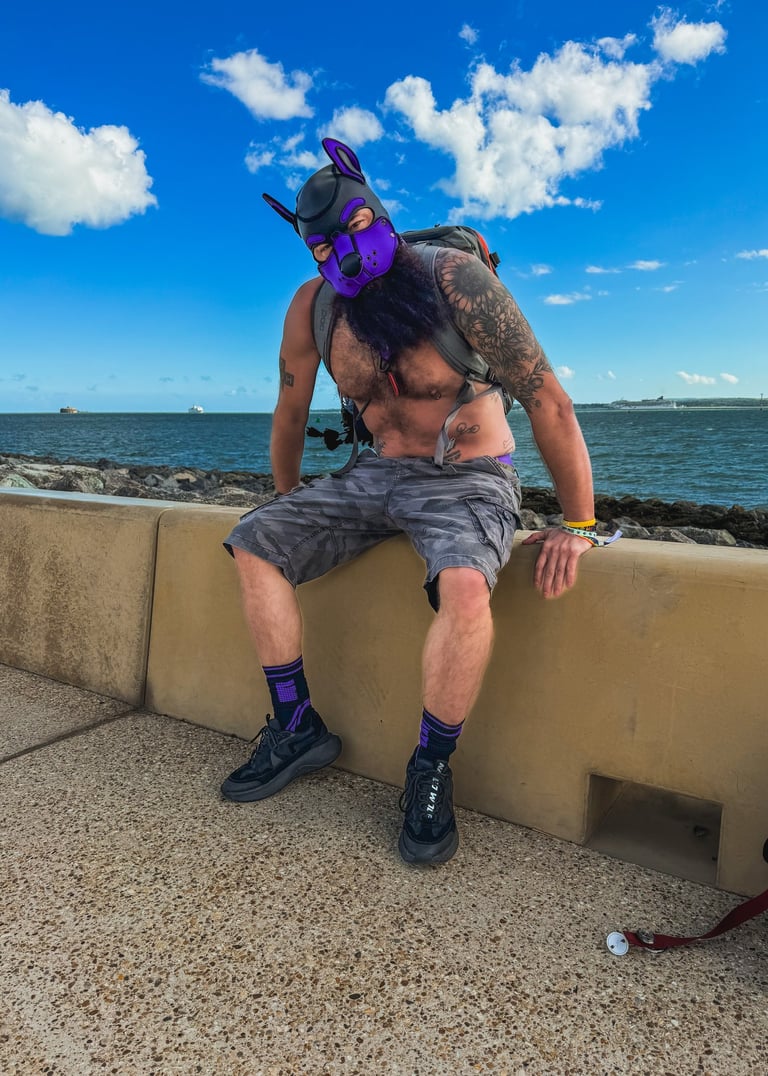 Man in pup mask sitting on a sea wall.