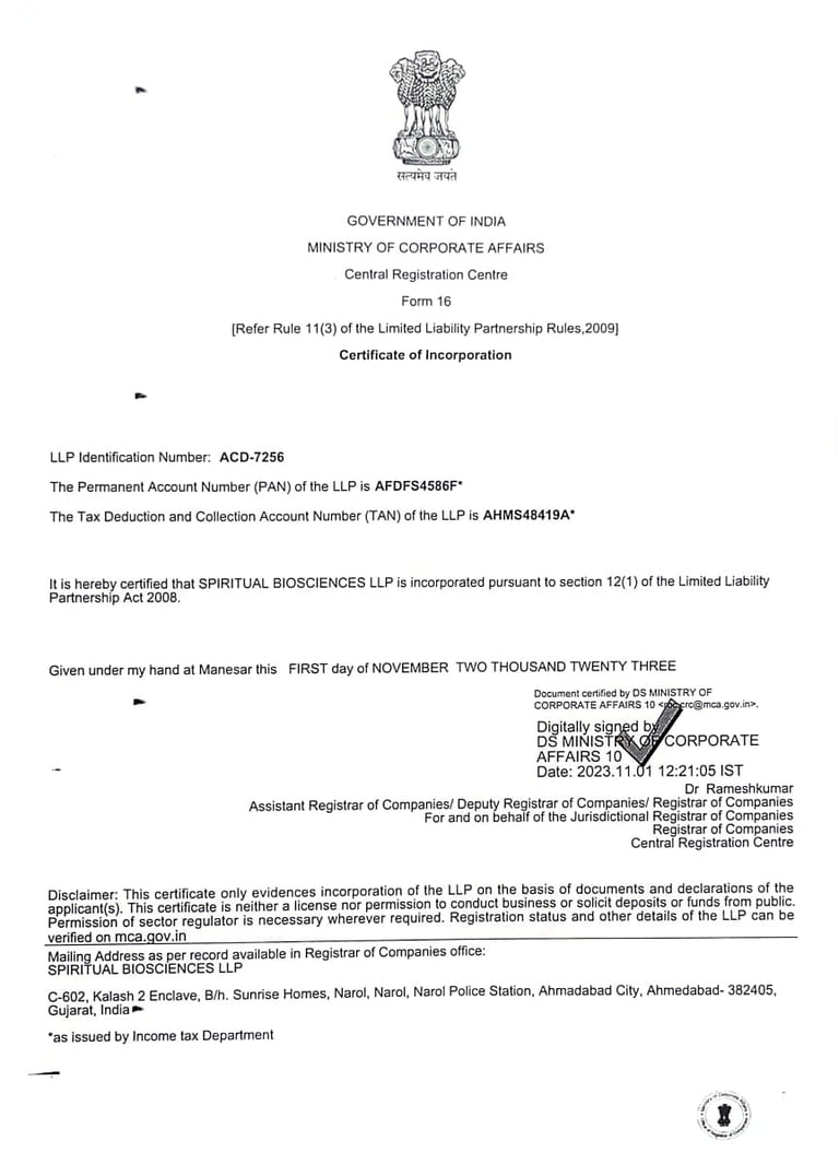 Certificate of Incorporation of Spiritual Biosciences LLP