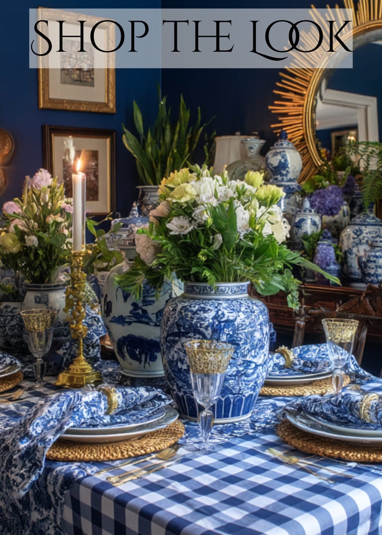 a table setting with blue and white tablecloth and blue and white tablecloth