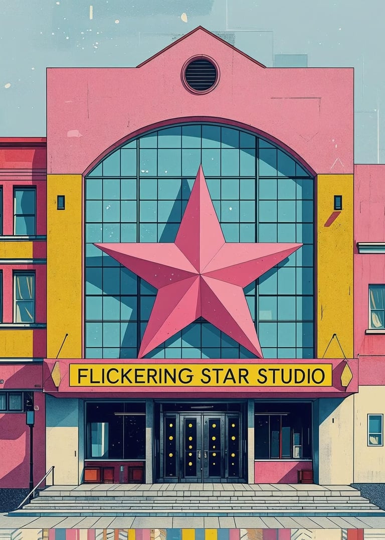 Flickering Start Studio theater, pink star in front.