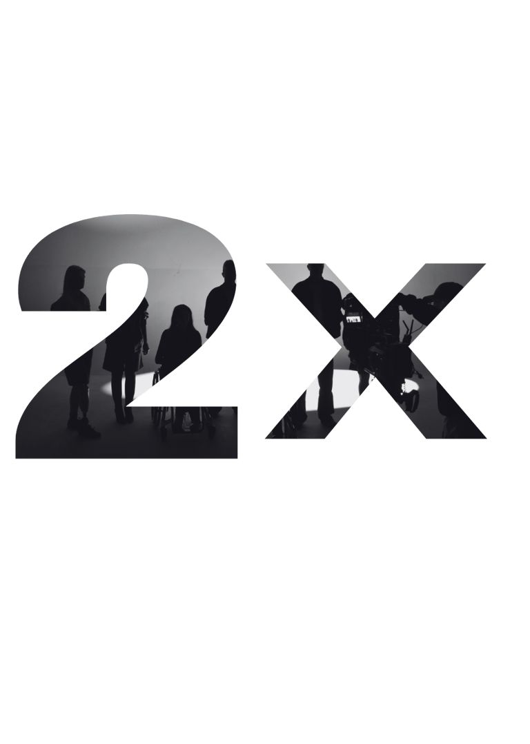 Silhouettes of a diverse film crew and actors inside a 2X graphic symbol on a black background.