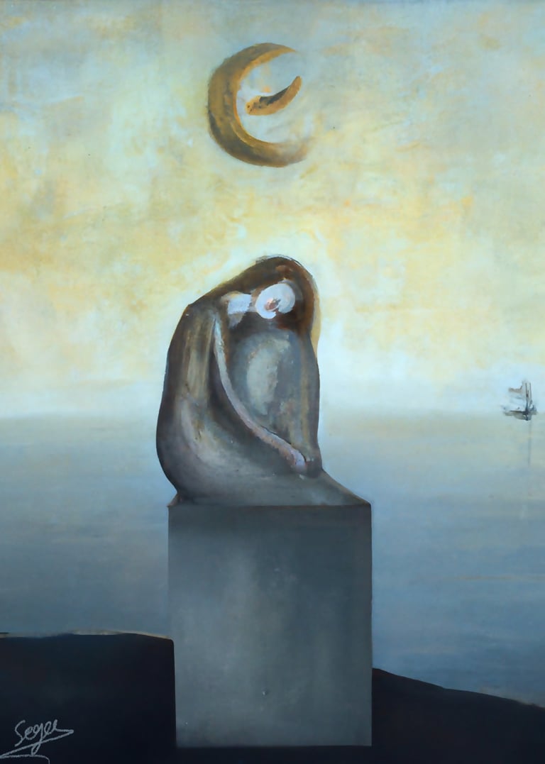 a painting of a woman sitting on a block of concrete