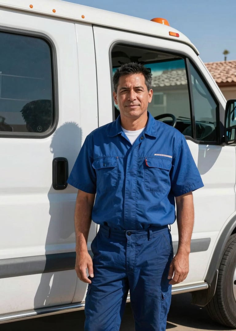 Honest portrait of a local AC technician, mid-30s, wearing clean work uniform, standing confidently beside a service truck in a sunny Tempe residential driveway, bright midday desert sunlight, cool blue tones, sharp focus, 35mm lens