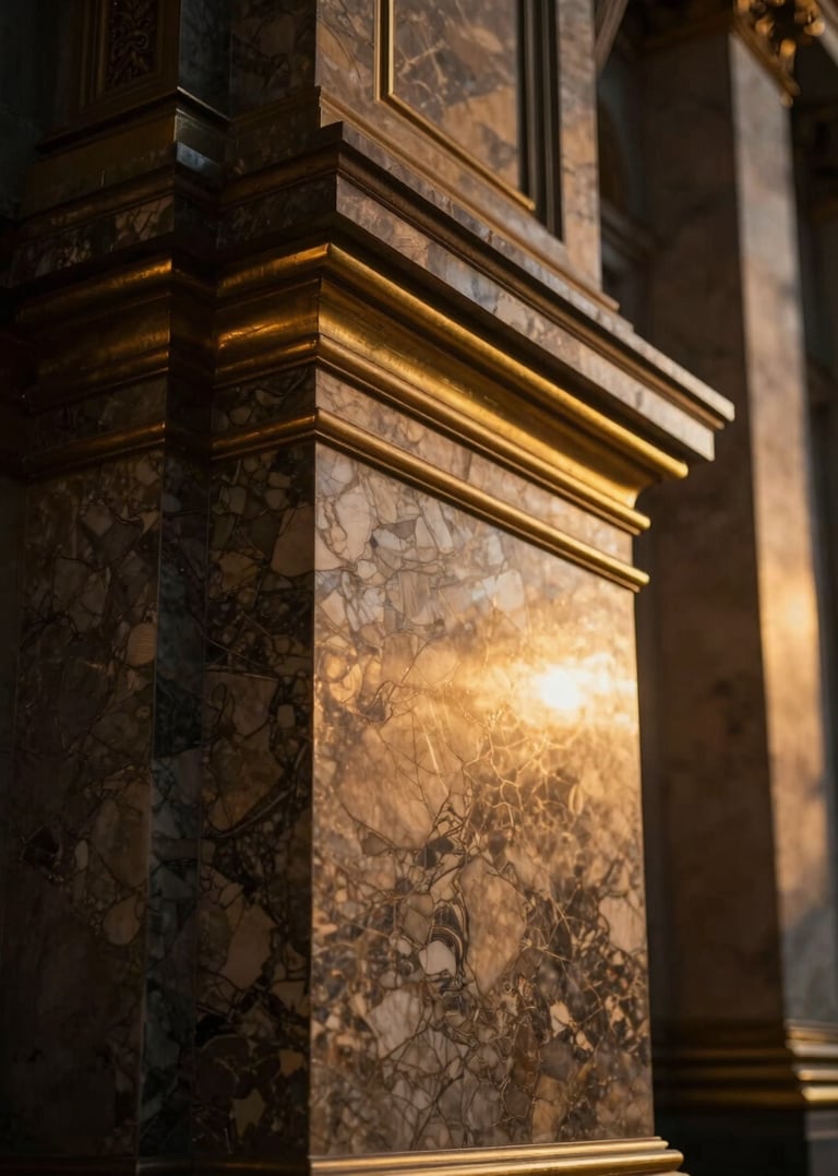 Portrait-oriented close-up of polished marble and brass architectural details, cinematic lighting, shallow depth of field, reflecting warm golden light.