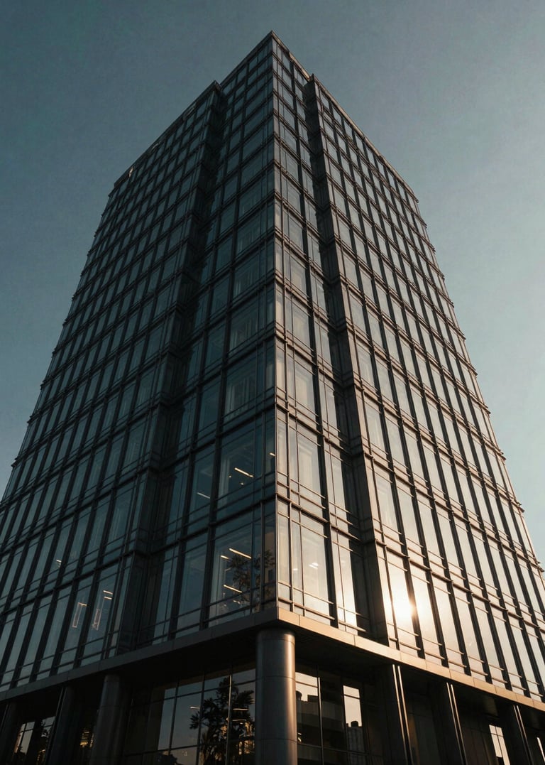 Low-angle shot of a sleek, modern corporate headquarters building in Istanbul, glass and steel architecture, dramatic architectural lighting, deep navy and champagne gold tones.