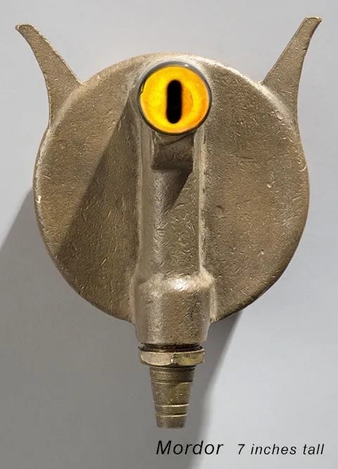 Found object one-eyed robot head built by Santa Barbara artist Tal Avitzur.
