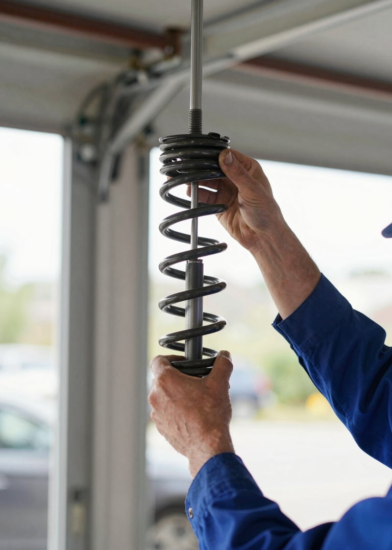 Close-up of a GCM technician's hands in clean uniform, safely working on a garage door torsion spring replacement, natural garage interior lighting, sharp focus, 50mm lens.