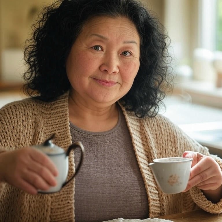 a woman sitting at a table with a cup of british tea